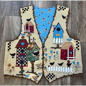 Vintage Handmade Bird House Themed Vest Size Med Lg Reversible Teacher Cottage